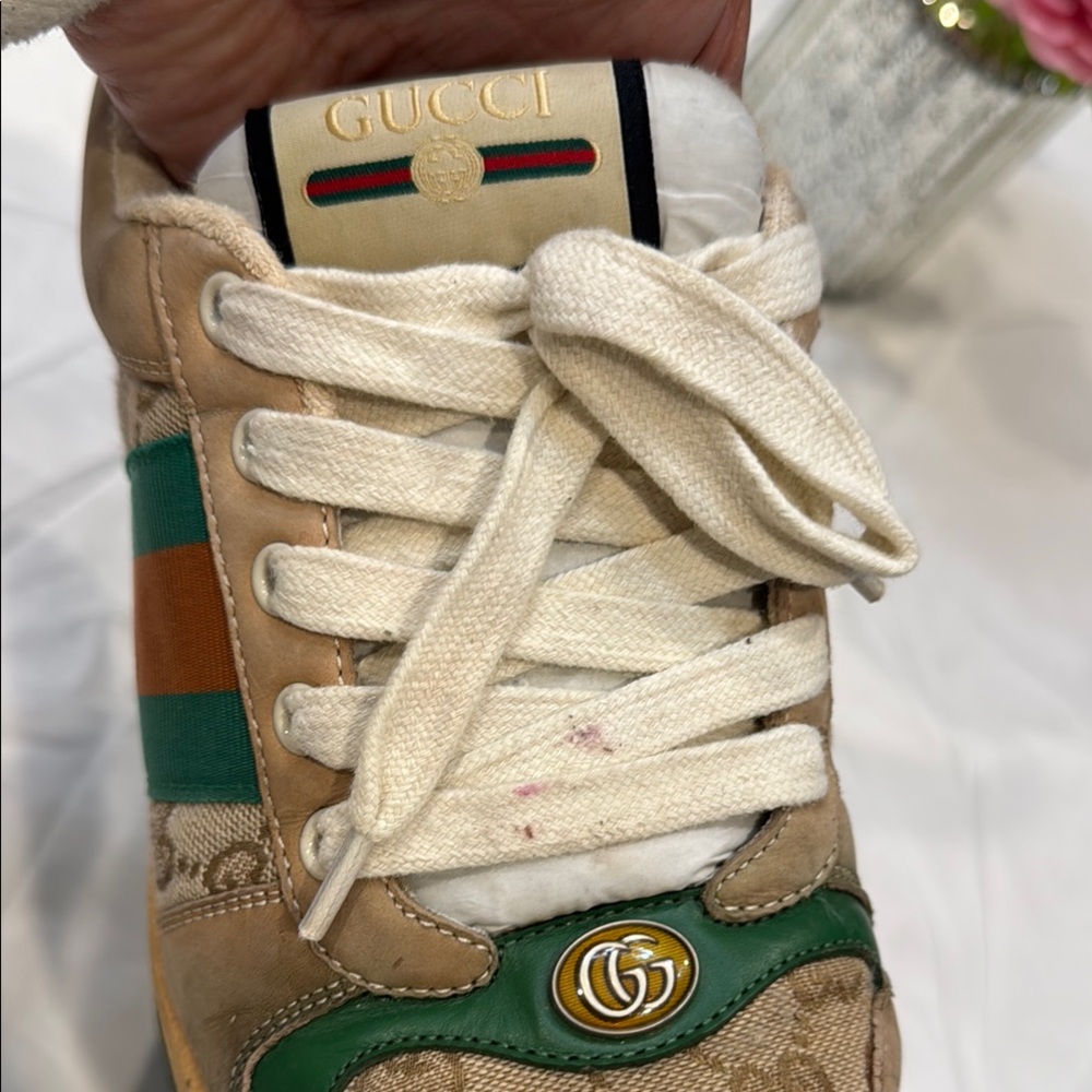 Authentic Gucci Beige and Green Sneakers - Picture 7 of 16